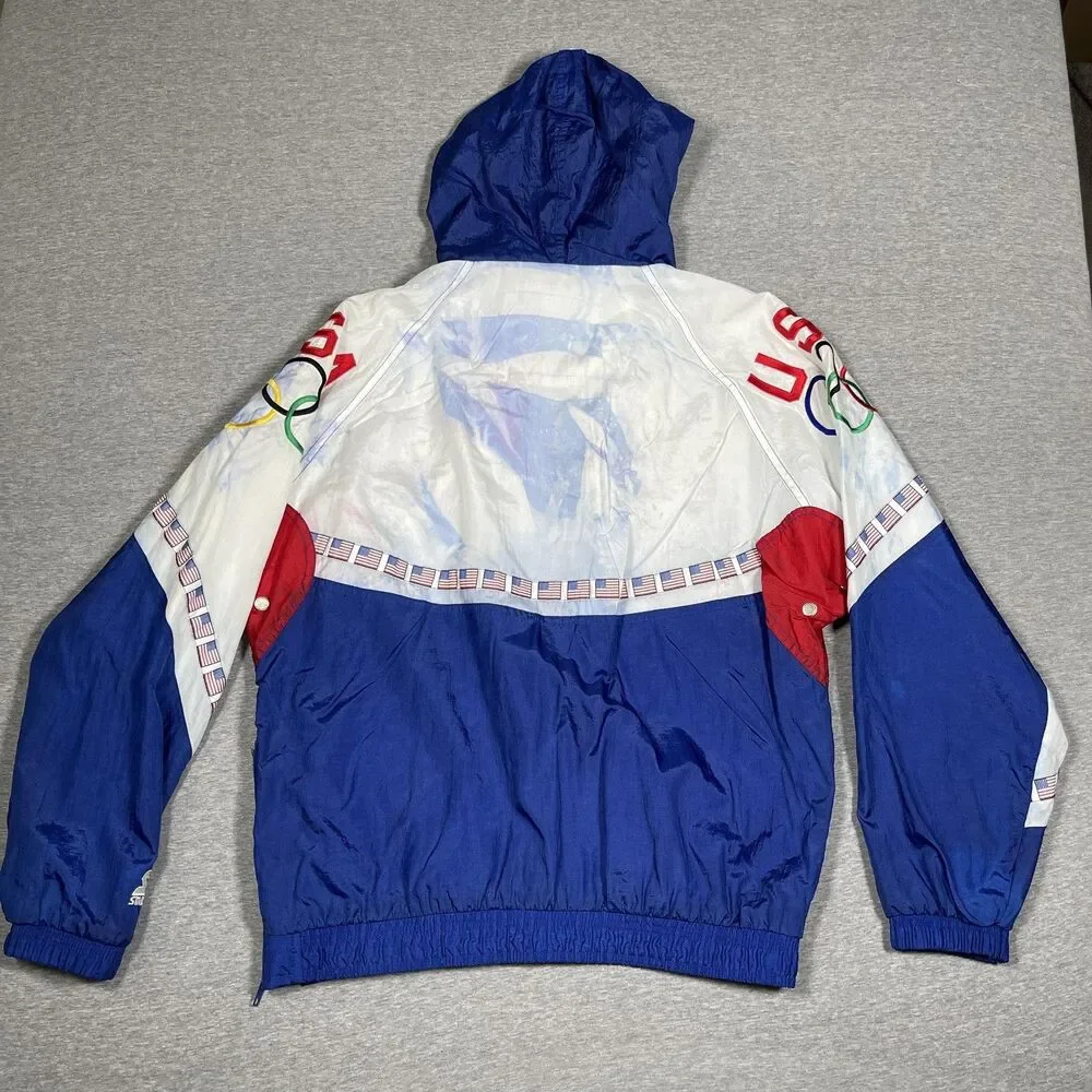 Vintage Starter Windbreaker Jacket Mens L Blue USA Olympic Hooded Pockets Lined